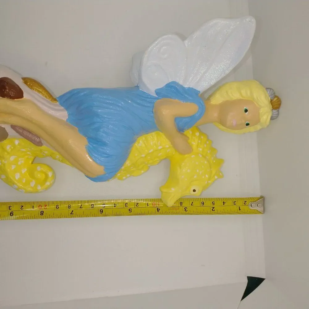 Hand Crafted Garden Fairy Riding Seahorse Vinyage Ceramic Painted 9 inch